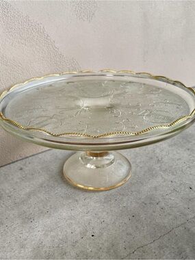 Jeannette Glass pedestal cake plate, harp pattern, 1950’s, pressed glass